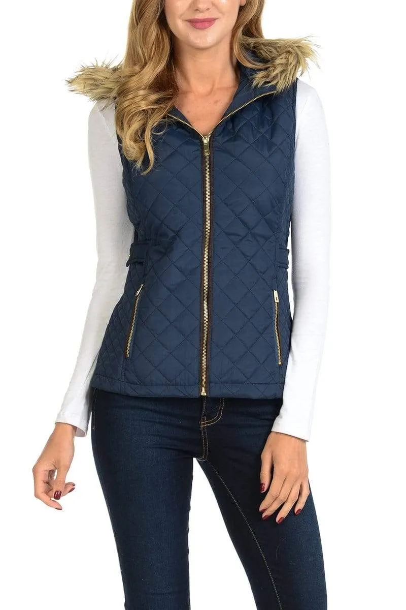 Auliné Collection Womens Quilted Zip Up Lightweight Fur Hooded Padding Vest