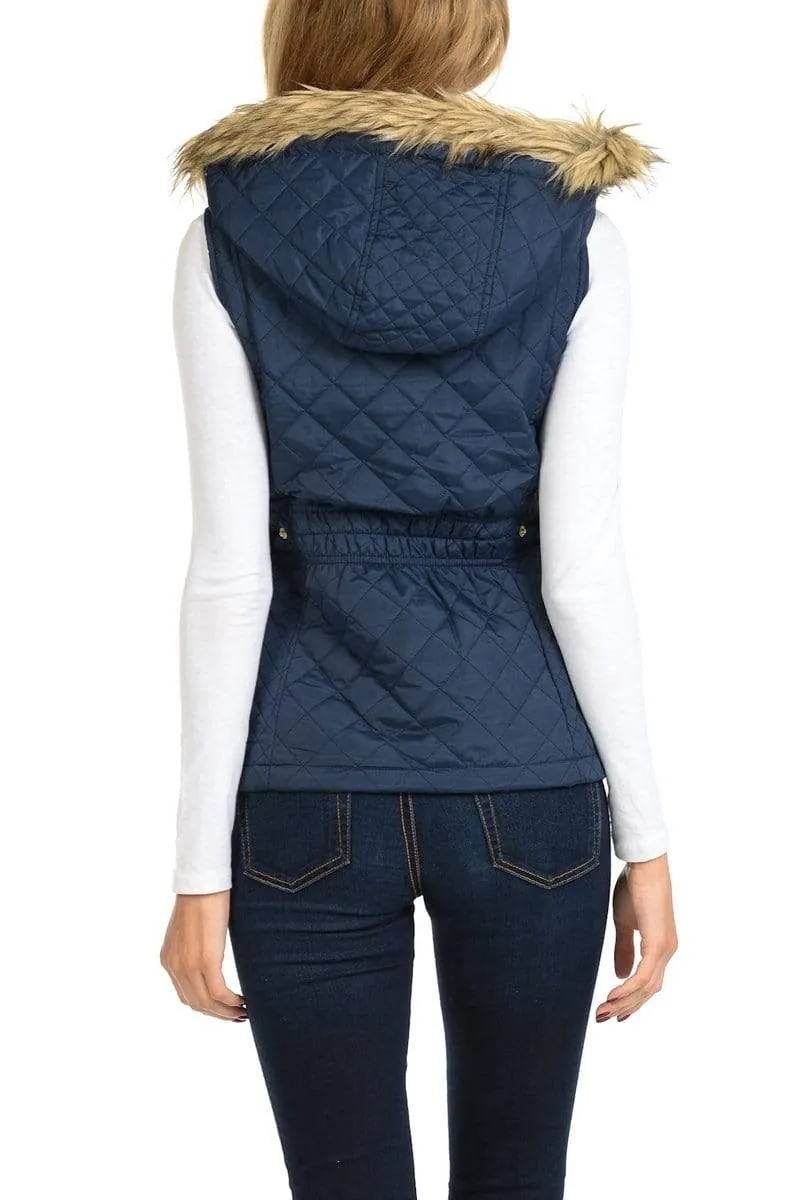 Auliné Collection Womens Quilted Zip Up Lightweight Fur Hooded Padding Vest