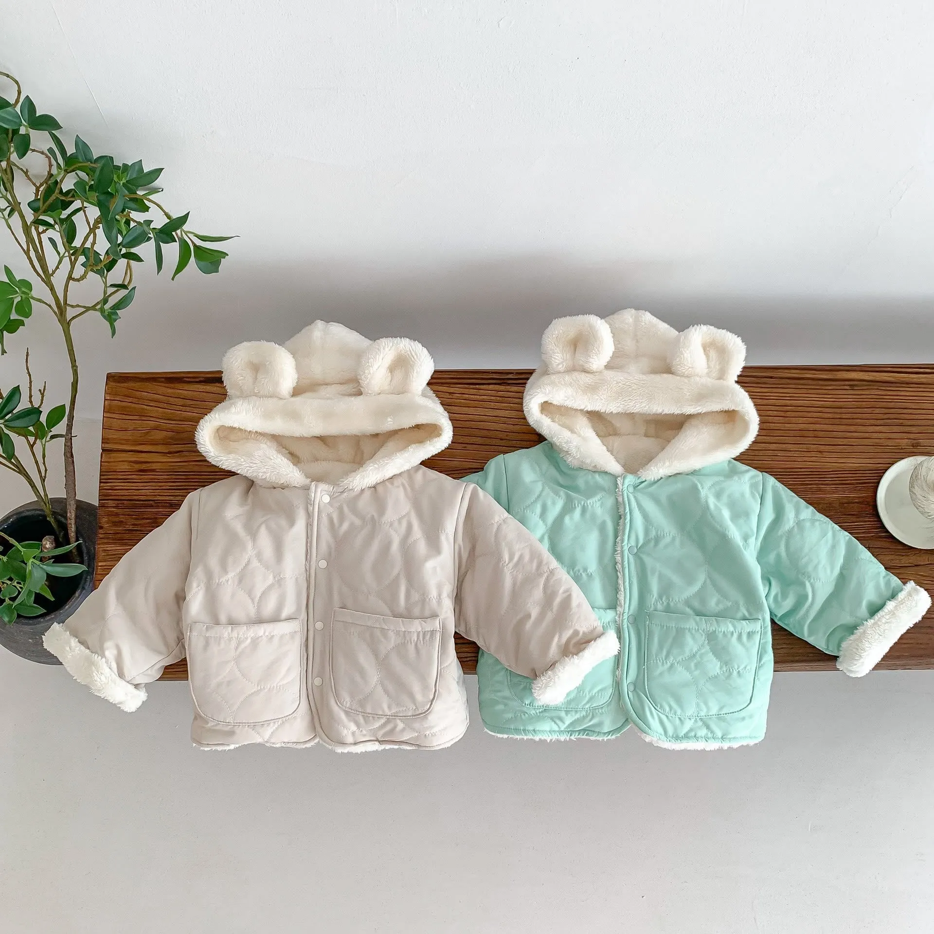 Baby Hooded Reversible Quilted Bear Coat