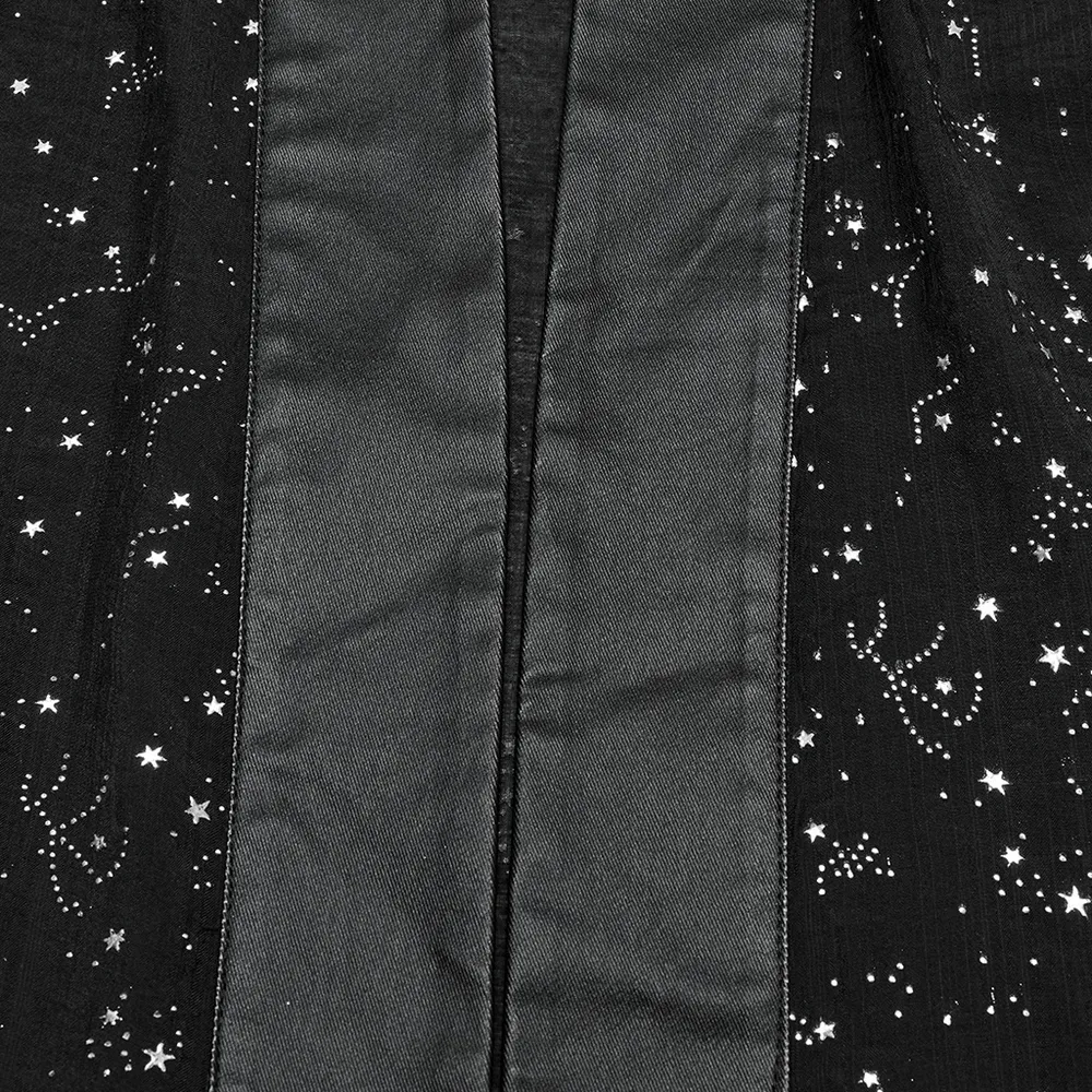 Black Gothic Kimono Cape with Starry Print and Waist Tie