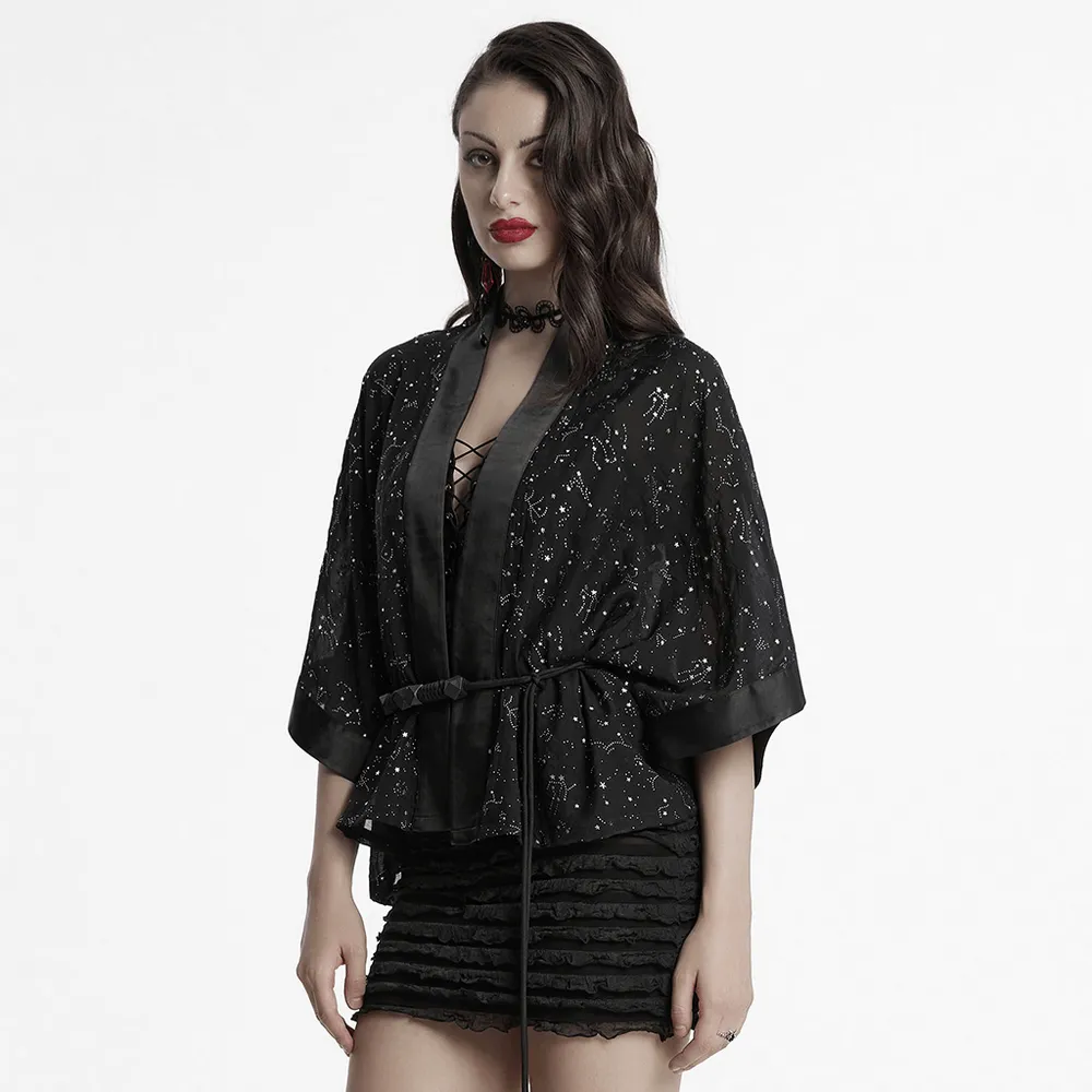 Black Gothic Kimono Cape with Starry Print and Waist Tie