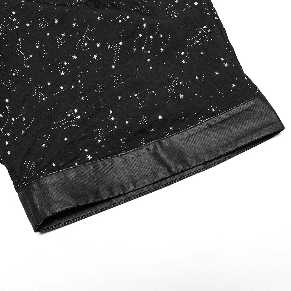 Black Gothic Kimono Cape with Starry Print and Waist Tie