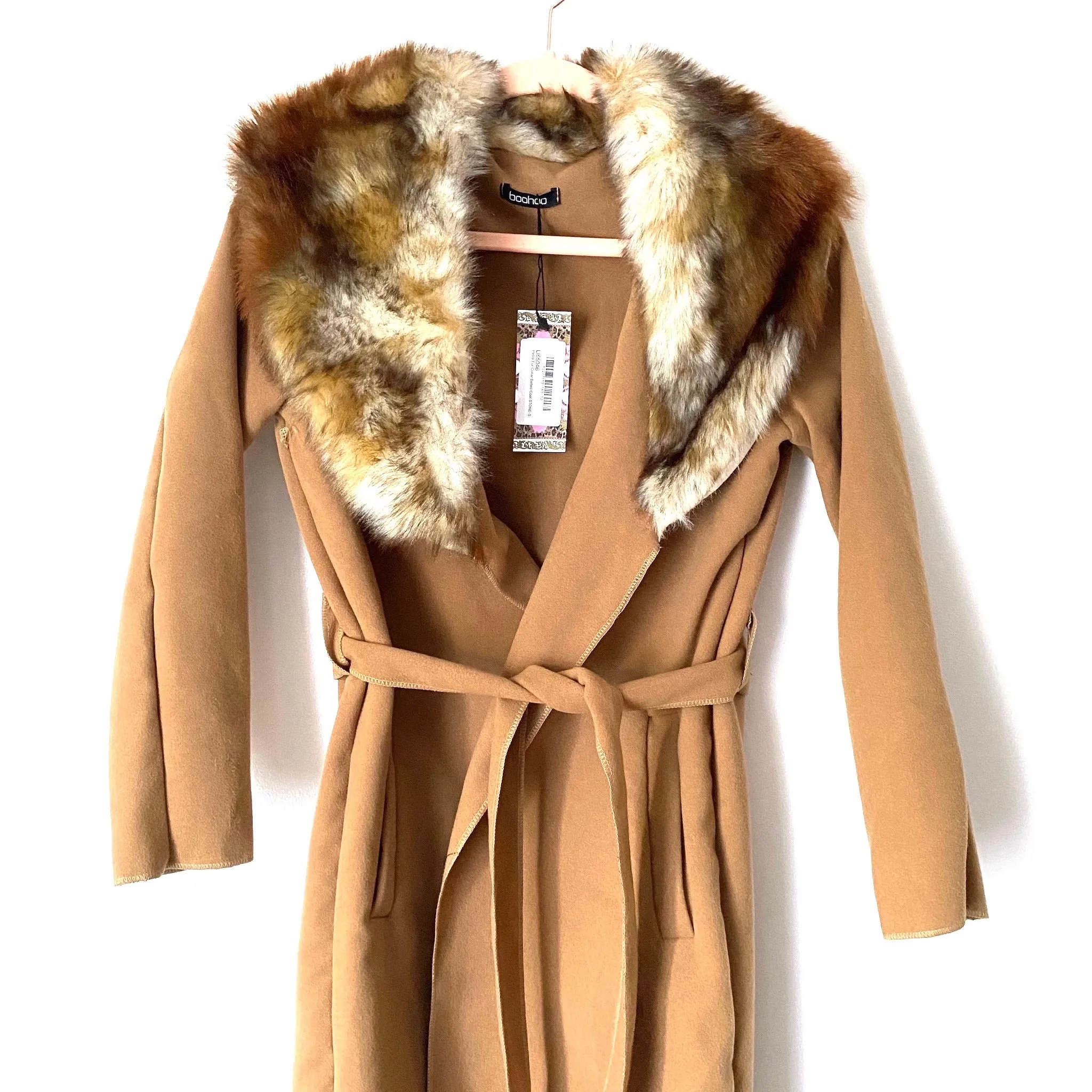 Boohoo Petite Faux Fur Collar Belted Coat NWT- Size S