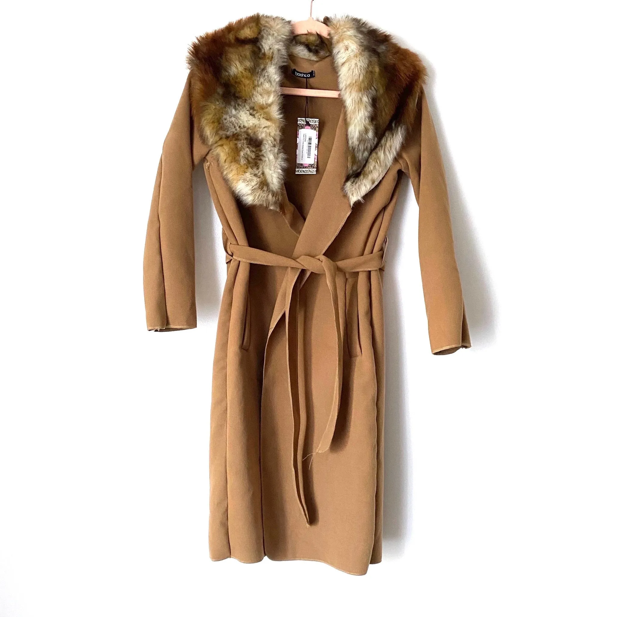 Boohoo Petite Faux Fur Collar Belted Coat NWT- Size S