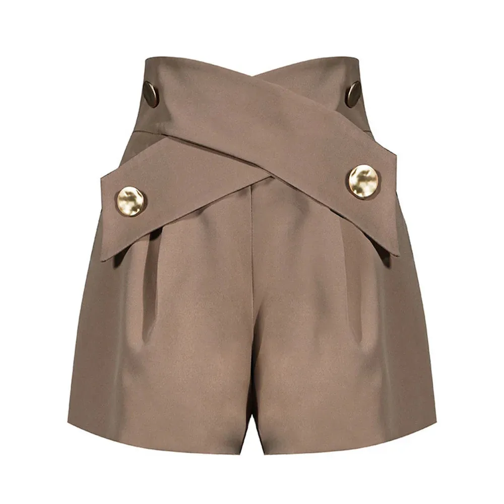 Crisscross Solid Patchwork Button Minimalist Shorts For Women High Waist Casual Loose Short Trousers Female Fashion Style