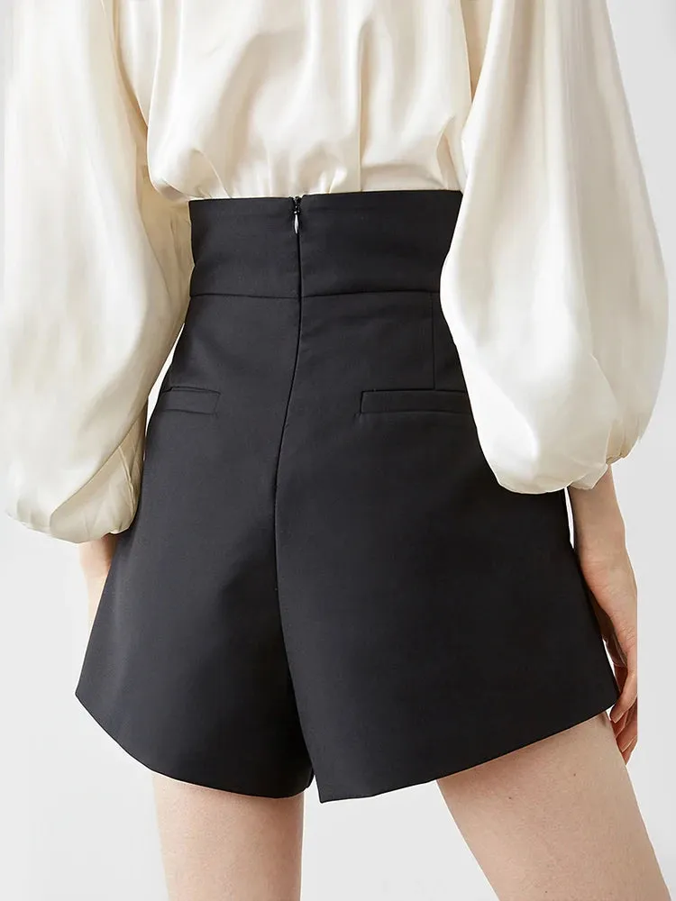 Crisscross Solid Patchwork Button Minimalist Shorts For Women High Waist Casual Loose Short Trousers Female Fashion Style