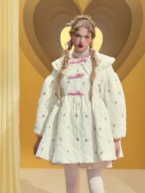 Flower Embroidery Loose Mid-length Cotton Quilted Coat