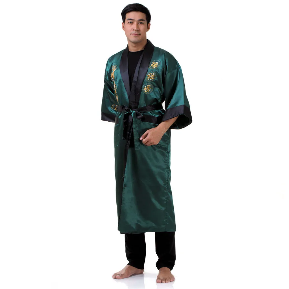 Green Fucanglong Reversible Dragon Kimono Robe for Men