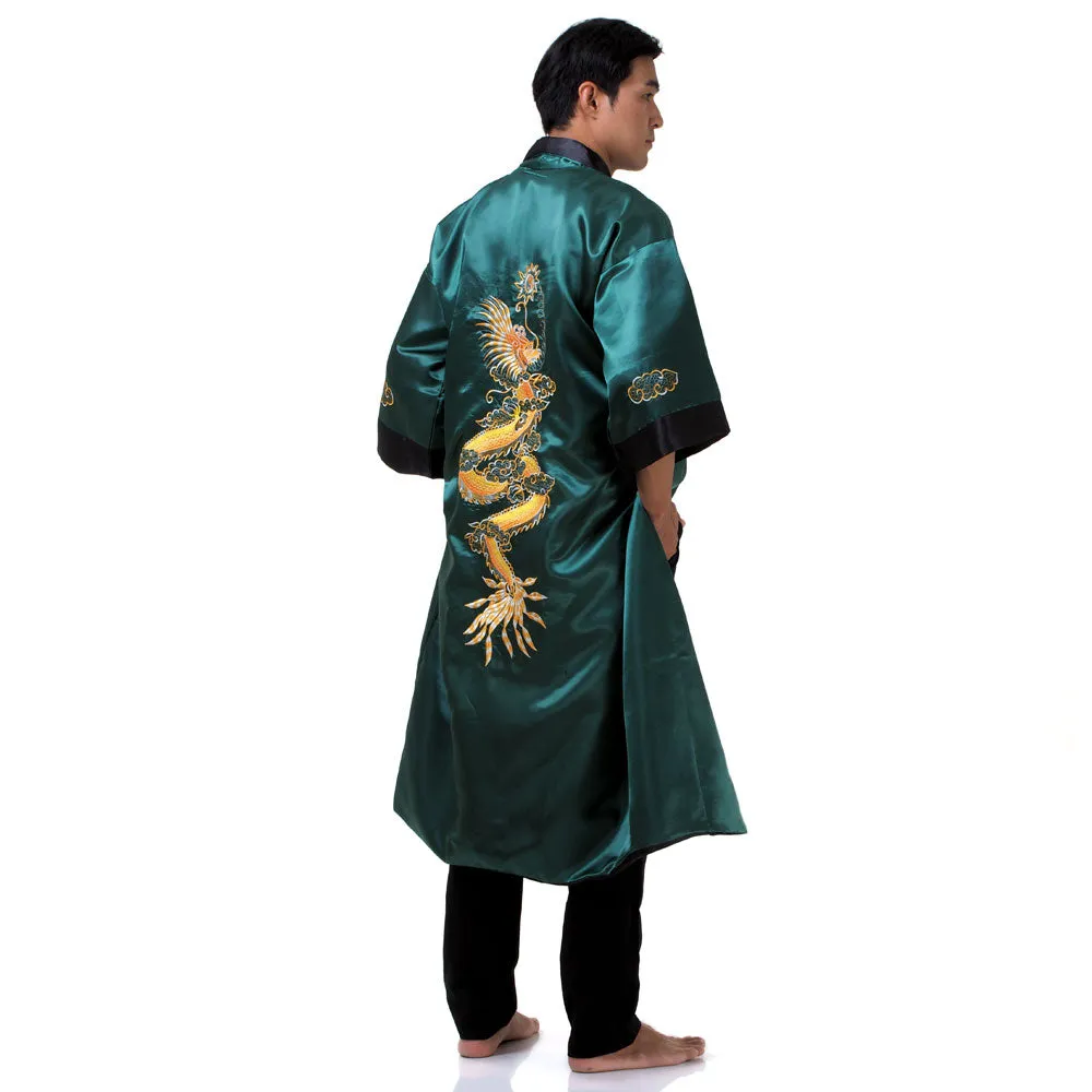 Green Fucanglong Reversible Dragon Kimono Robe for Men