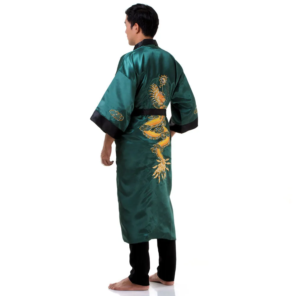 Green Fucanglong Reversible Dragon Kimono Robe for Men