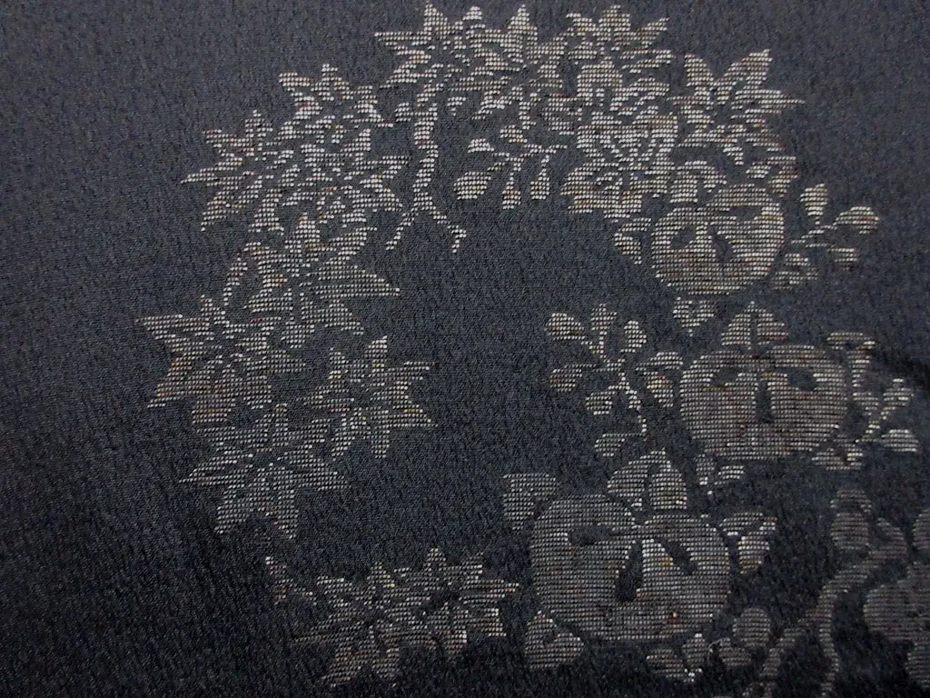 Haori Jacket Vintage(1920-1950) Black Peony Maple Leaf Ukiyoe Silk #7989M5