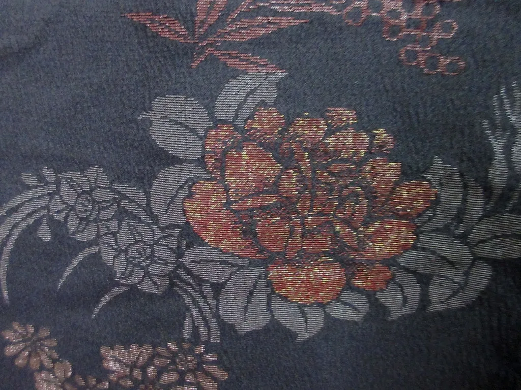 Haori Jacket Vintage(1920-1950) Black Peony Maple Leaf Ukiyoe Silk #7989M5
