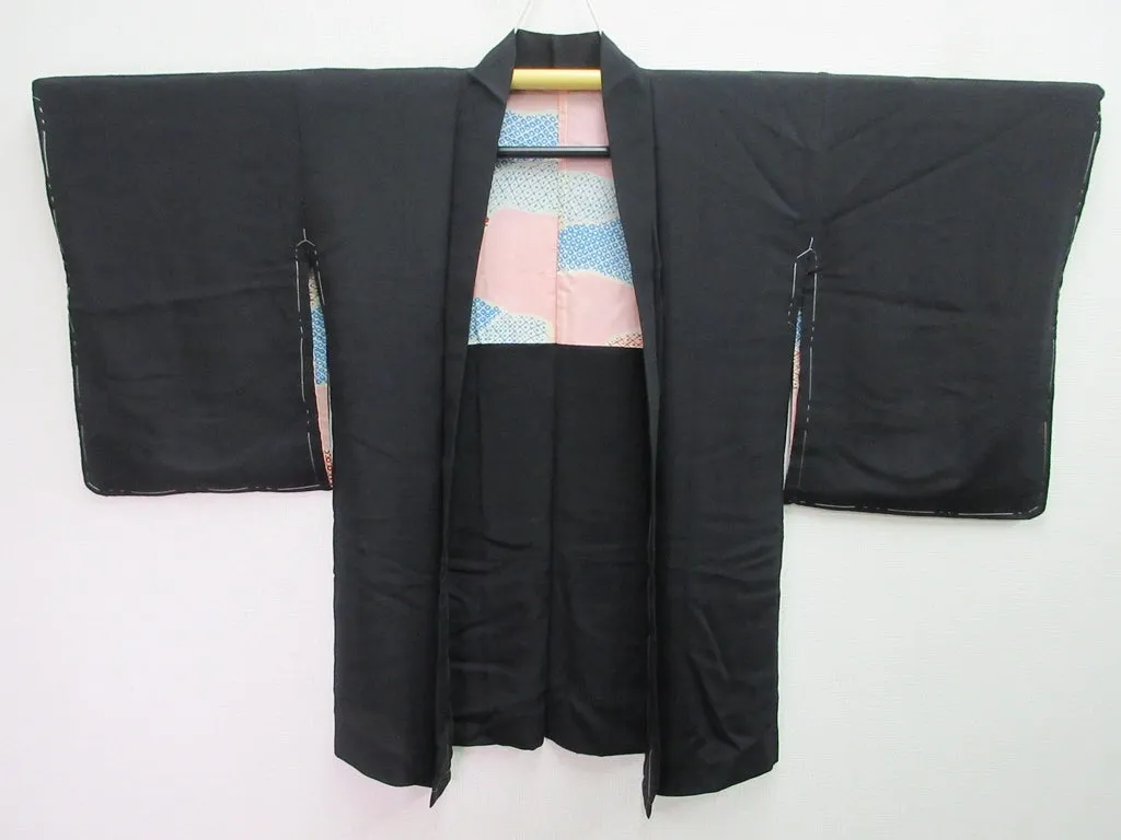Haori Jacket Vintage(1920-1950) Black Peony Maple Leaf Ukiyoe Silk #7989M5