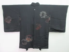 Haori Jacket Vintage(1920-1950) Black Peony Maple Leaf Ukiyoe Silk #7989M5