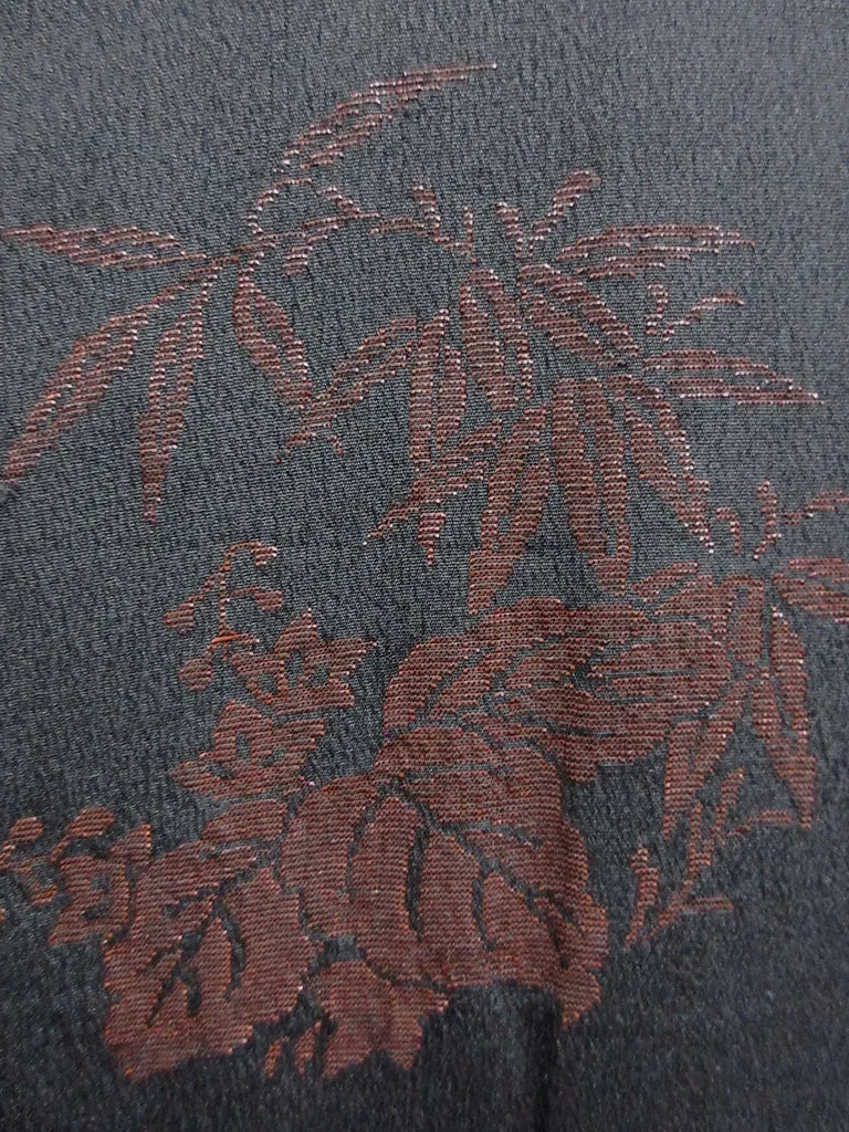Haori Jacket Vintage(1920-1950) Black Peony Maple Leaf Ukiyoe Silk #7989M5