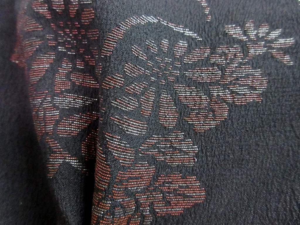 Haori Jacket Vintage(1920-1950) Black Peony Maple Leaf Ukiyoe Silk #7989M5