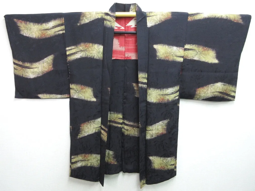 Haori Jacket Vintage(1920-1950) Black Pine Tree Chrysanthemum Rinzu Silk #7599H4
