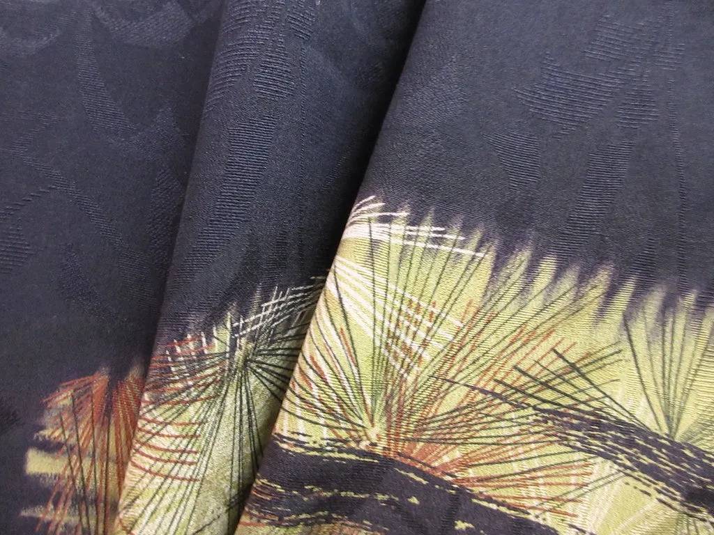Haori Jacket Vintage(1920-1950) Black Pine Tree Chrysanthemum Rinzu Silk #7599H4