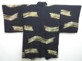 Haori Jacket Vintage(1920-1950) Black Pine Tree Chrysanthemum Rinzu Silk #7599H4