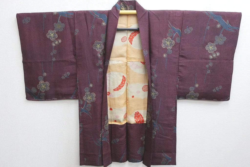 Haori Jacket Vintage(1920-1950) Black Red Plum blossom Silk #8751K1
