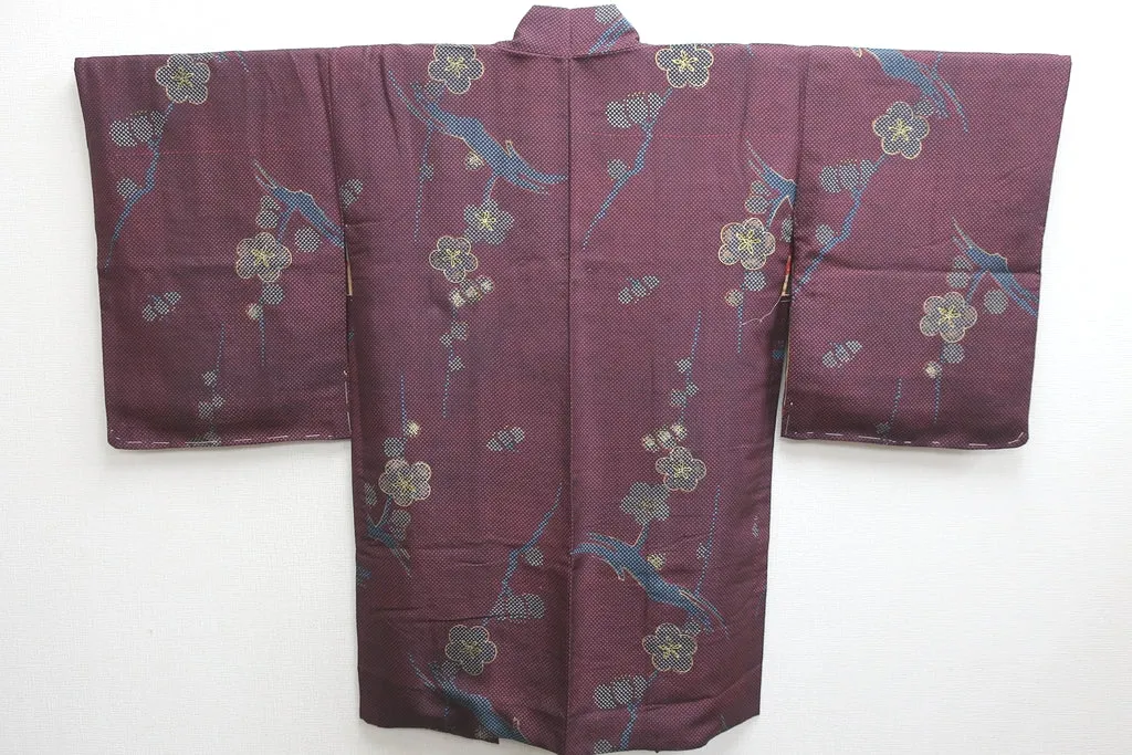 Haori Jacket Vintage(1920-1950) Black Red Plum blossom Silk #8751K1
