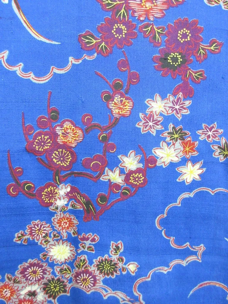 Haori Jacket Vintage(1920-1950) Blue Plum blossom Chrysanthemum Silk #8215B4