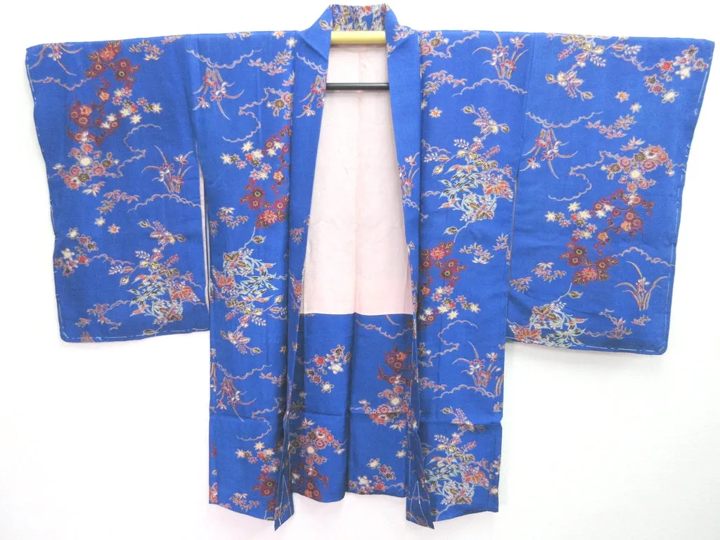Haori Jacket Vintage(1920-1950) Blue Plum blossom Chrysanthemum Silk #8215B4