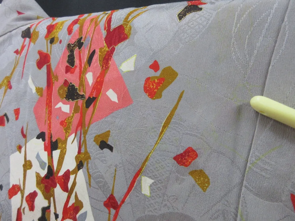 Haori Jacket Vintage(1920-1950) Gray Plum blossom Rinzu Long Silk #7803K5