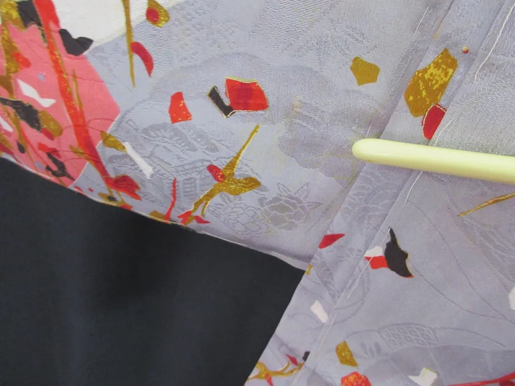 Haori Jacket Vintage(1920-1950) Gray Plum blossom Rinzu Long Silk #7803K5
