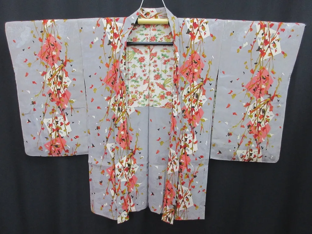 Haori Jacket Vintage(1920-1950) Gray Plum blossom Rinzu Long Silk #7803K5