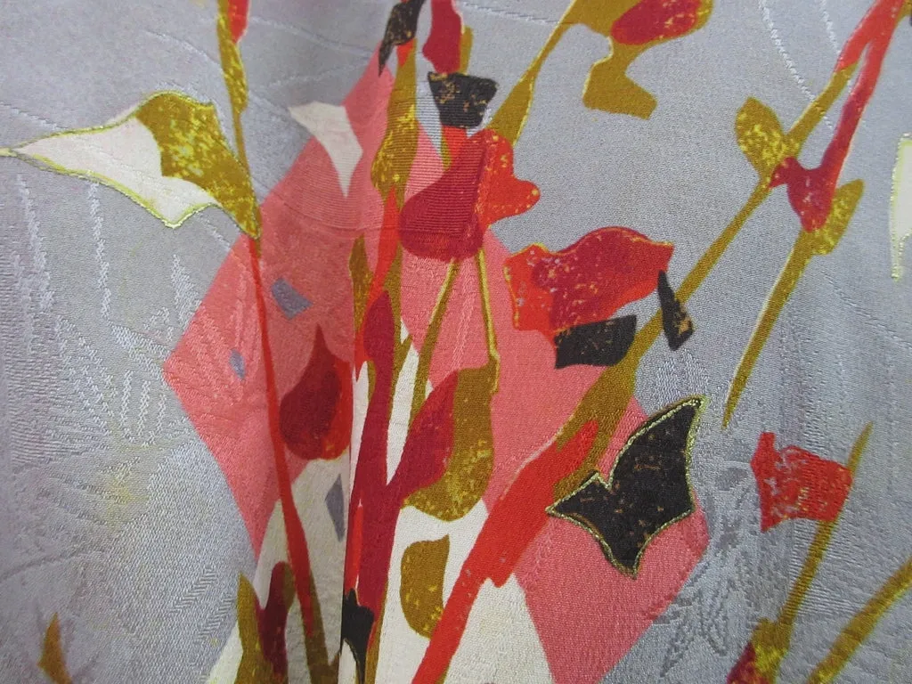 Haori Jacket Vintage(1920-1950) Gray Plum blossom Rinzu Long Silk #7803K5