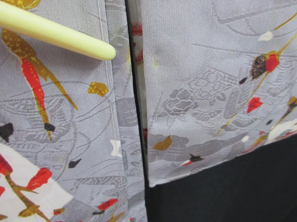 Haori Jacket Vintage(1920-1950) Gray Plum blossom Rinzu Long Silk #7803K5