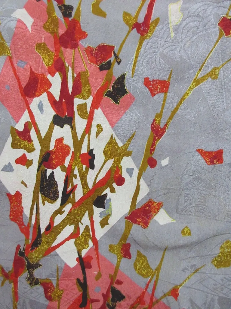 Haori Jacket Vintage(1920-1950) Gray Plum blossom Rinzu Long Silk #7803K5