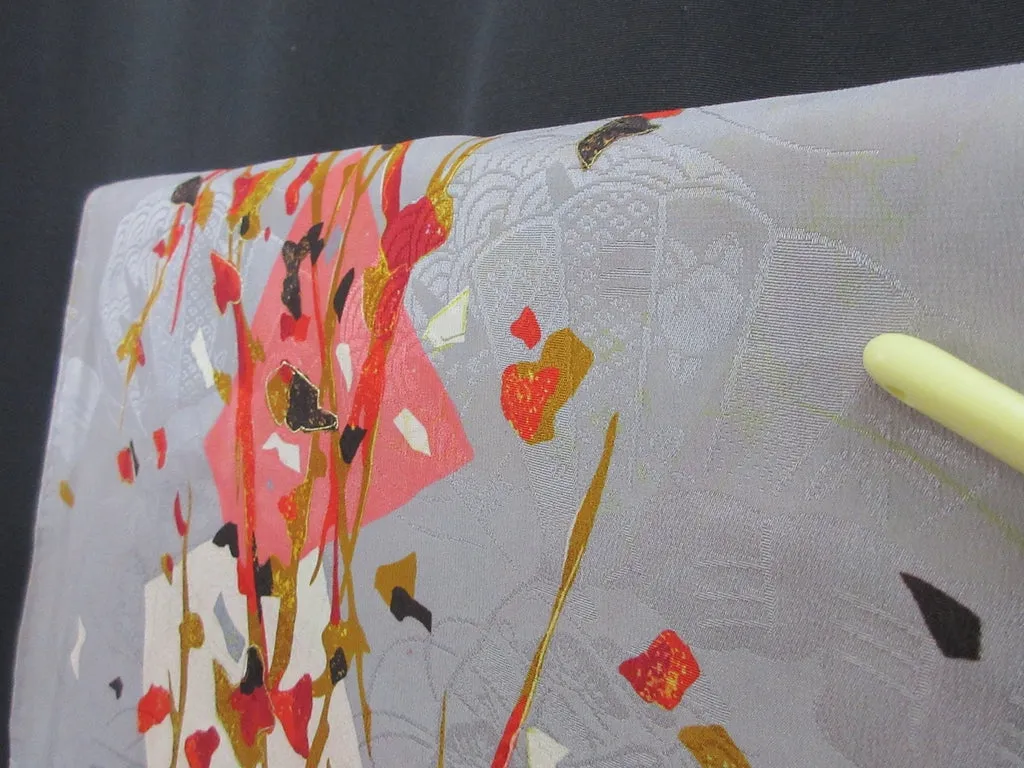 Haori Jacket Vintage(1920-1950) Gray Plum blossom Rinzu Long Silk #7803K5