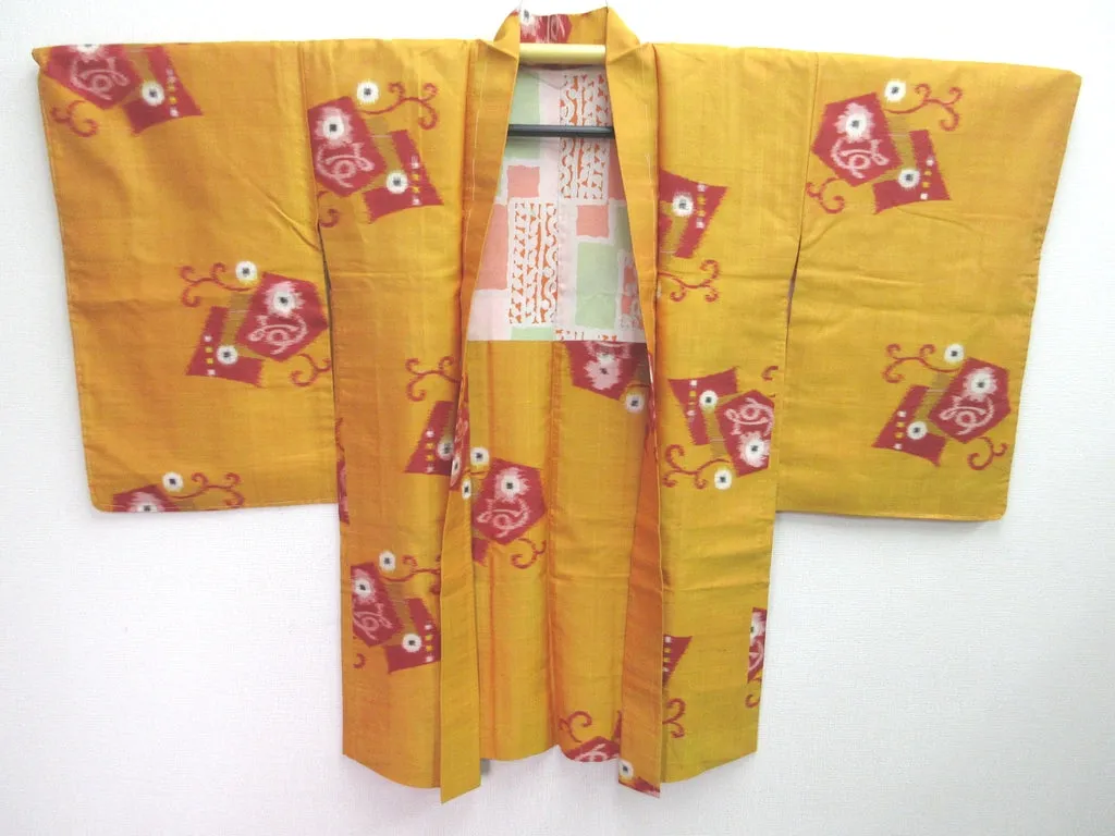 Haori Jacket Vintage(1920-1950) Yellow ocher Abstract art Flower Meisen Silk #8220B4