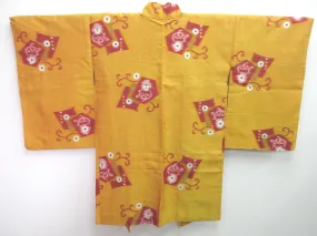 Haori Jacket Vintage(1920-1950) Yellow ocher Abstract art Flower Meisen Silk #8220B4