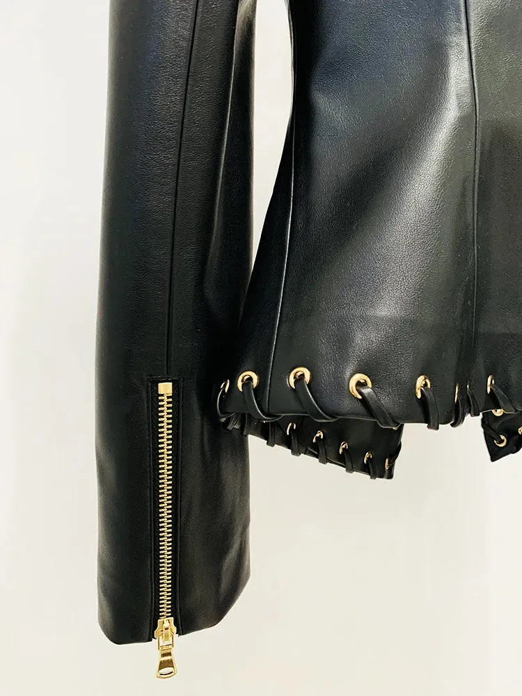 HEYFANCYSTYLE Haute Couture Rope-Laced Leather Blazer
