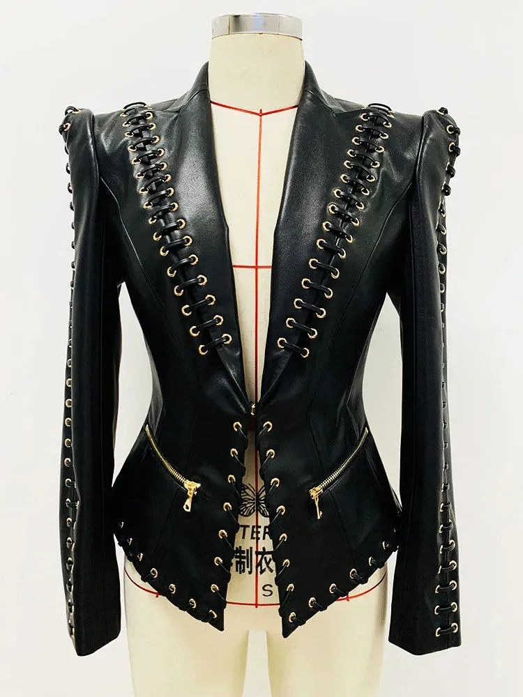 HEYFANCYSTYLE Haute Couture Rope-Laced Leather Blazer