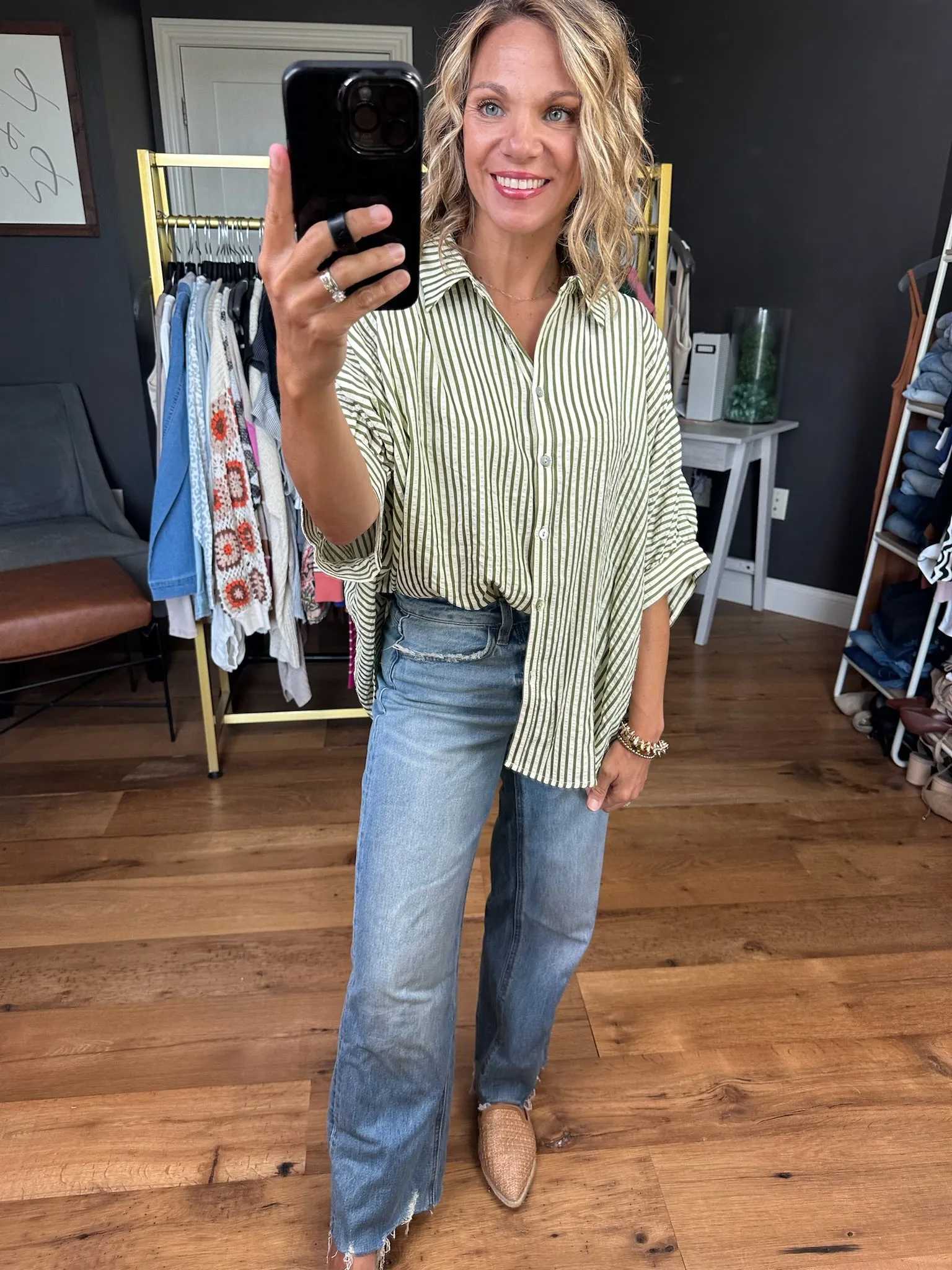 In Perfect Harmony Boyfriend Dolman Button-Down Top - Cream/Olive