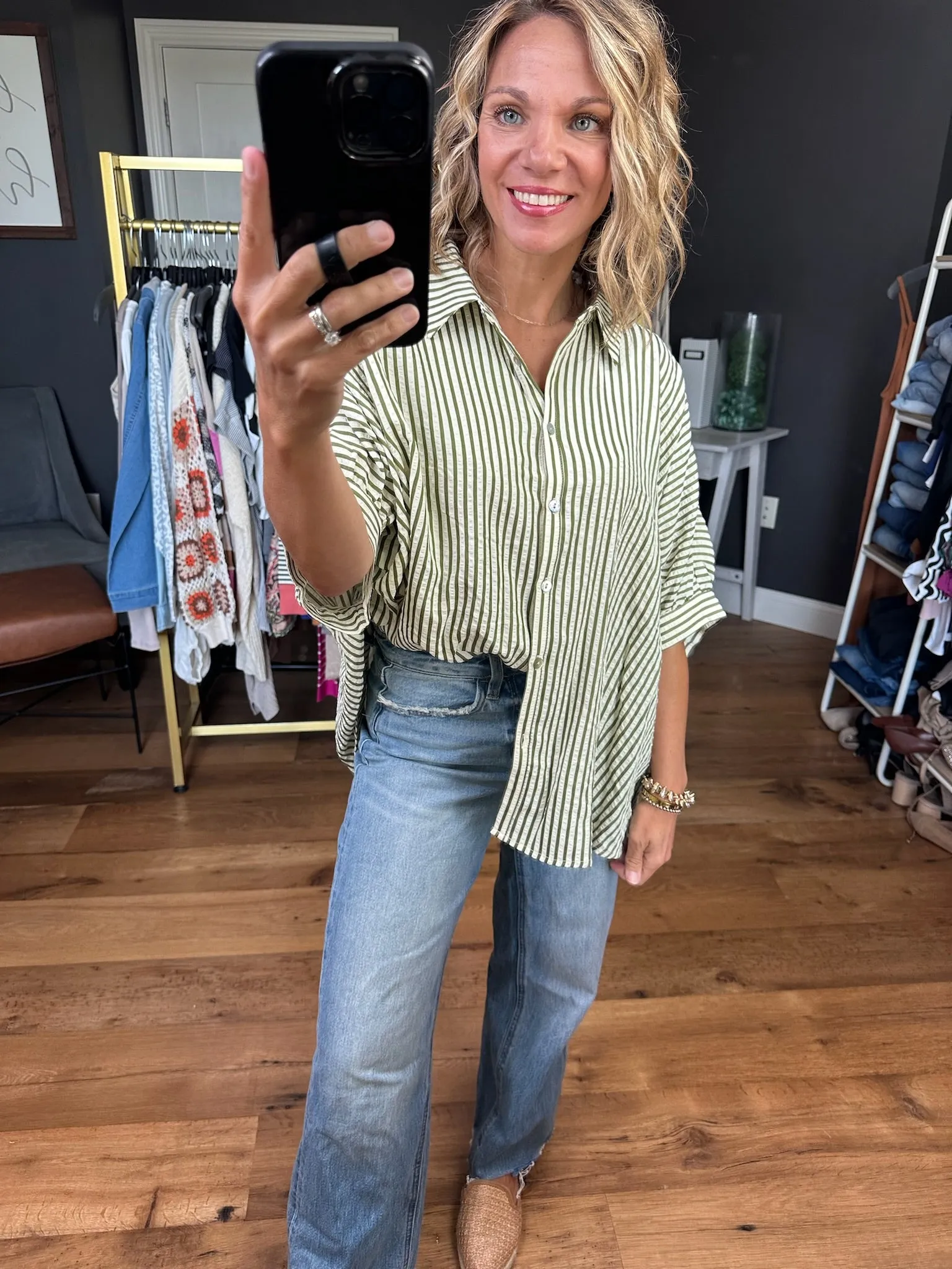 In Perfect Harmony Boyfriend Dolman Button-Down Top - Cream/Olive