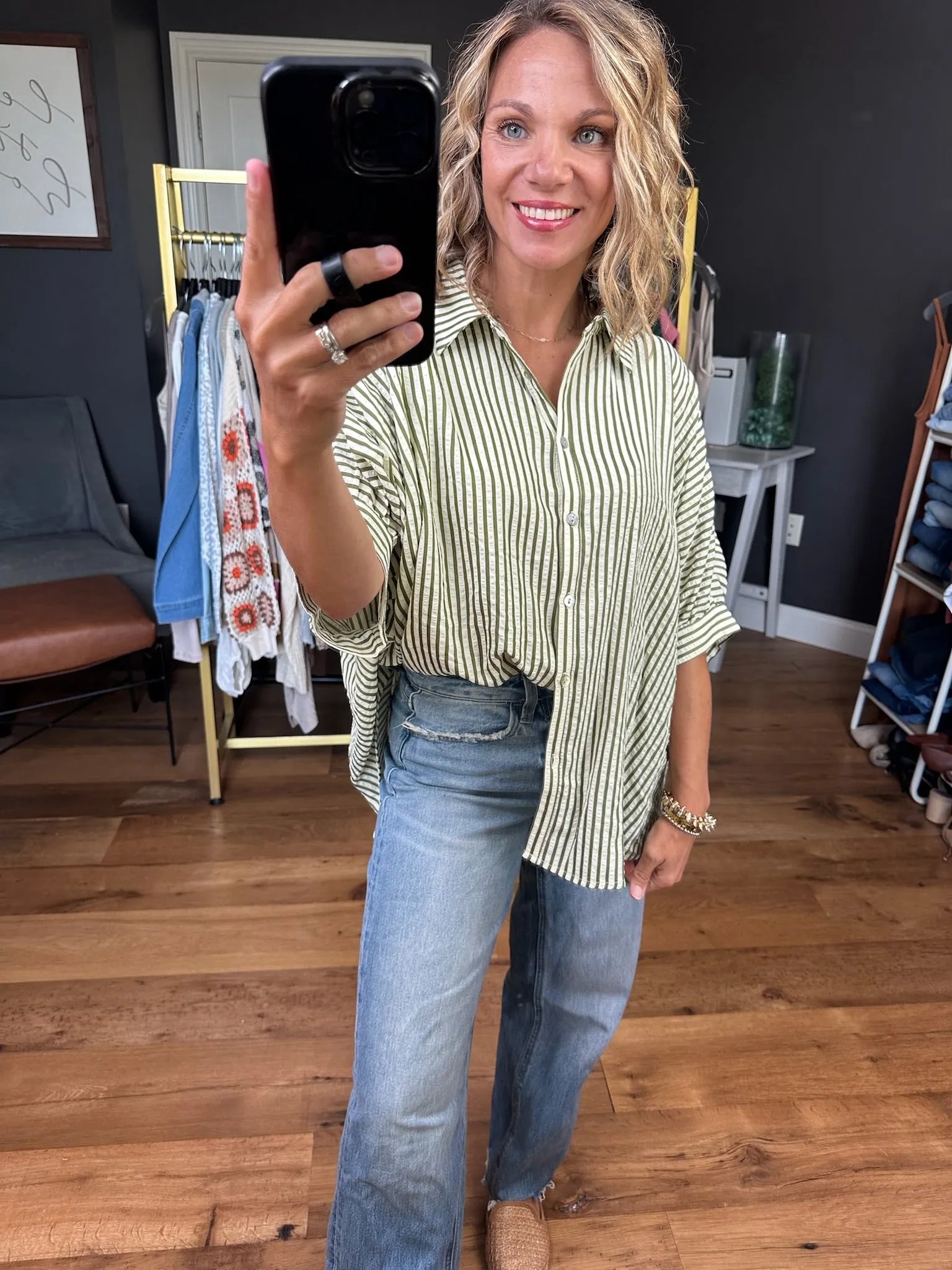 In Perfect Harmony Boyfriend Dolman Button-Down Top - Cream/Olive