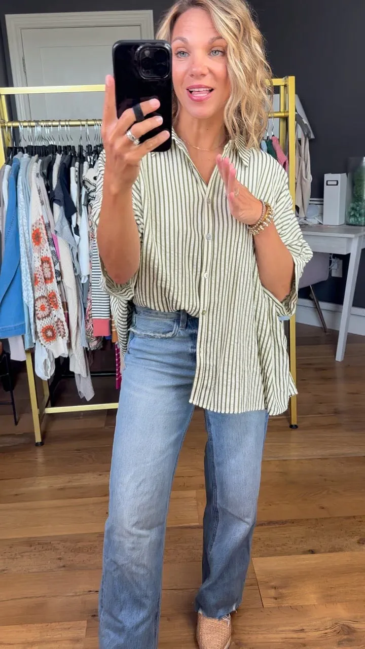 In Perfect Harmony Boyfriend Dolman Button-Down Top - Cream/Olive