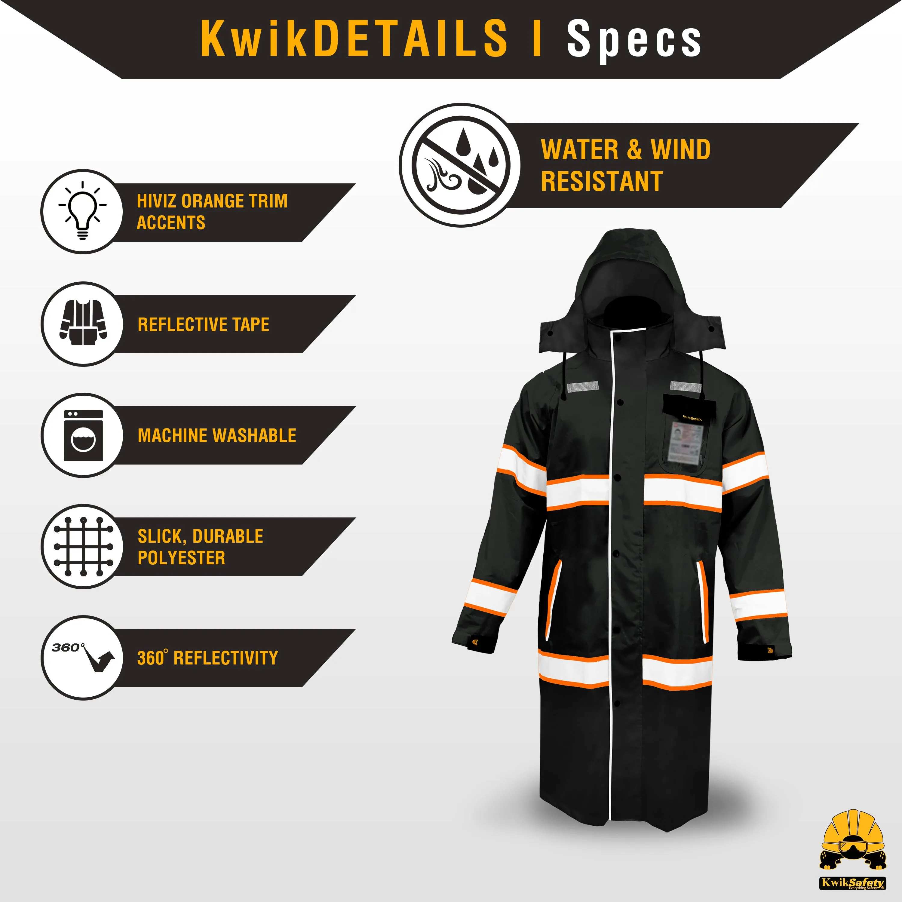 KwikSafety TORRENT High Visibility Rain Gear (FOLDABLE HOOD) Trench Coat Reflective PPE - Model No.: KS5506BLK