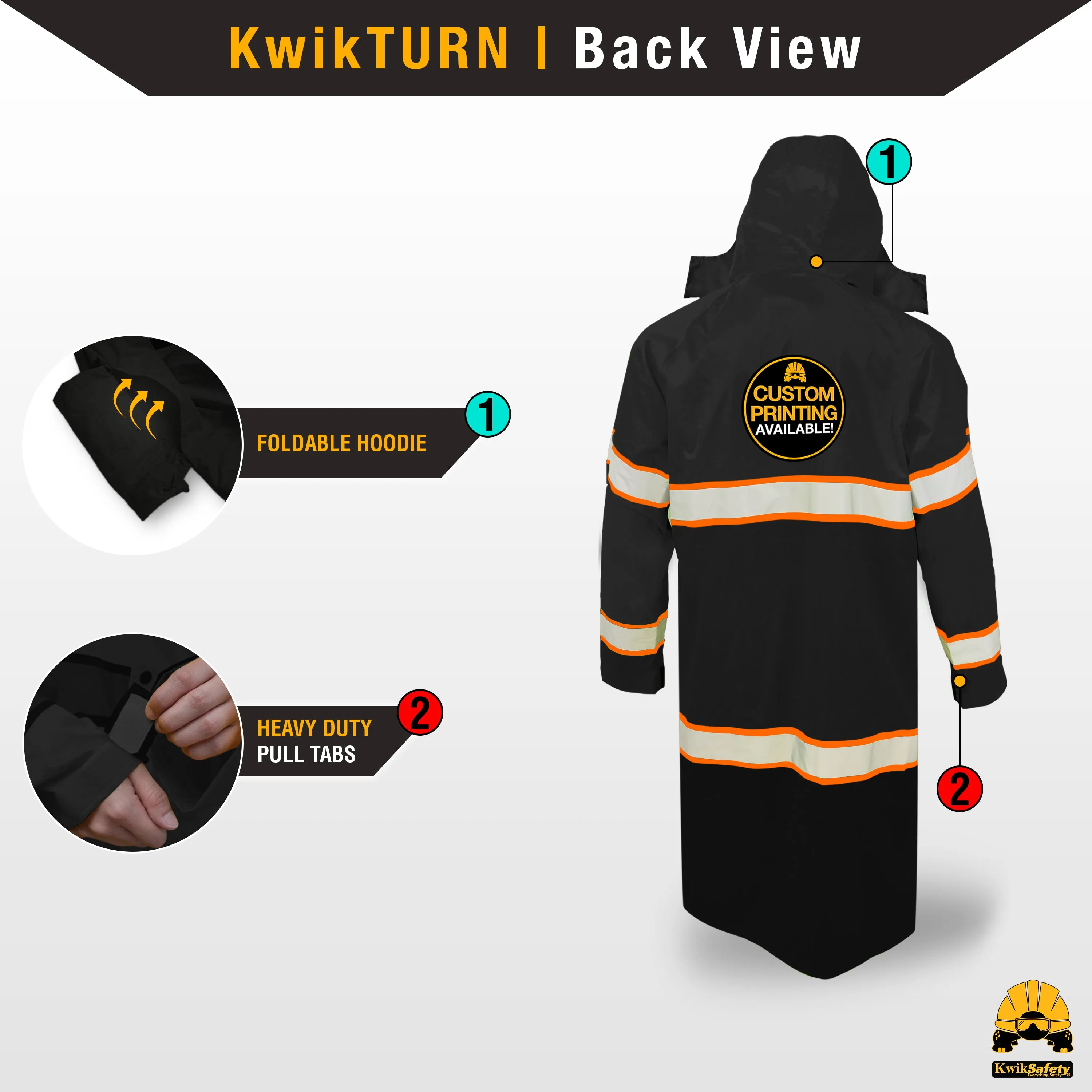 KwikSafety TORRENT High Visibility Rain Gear (FOLDABLE HOOD) Trench Coat Reflective PPE - Model No.: KS5506BLK