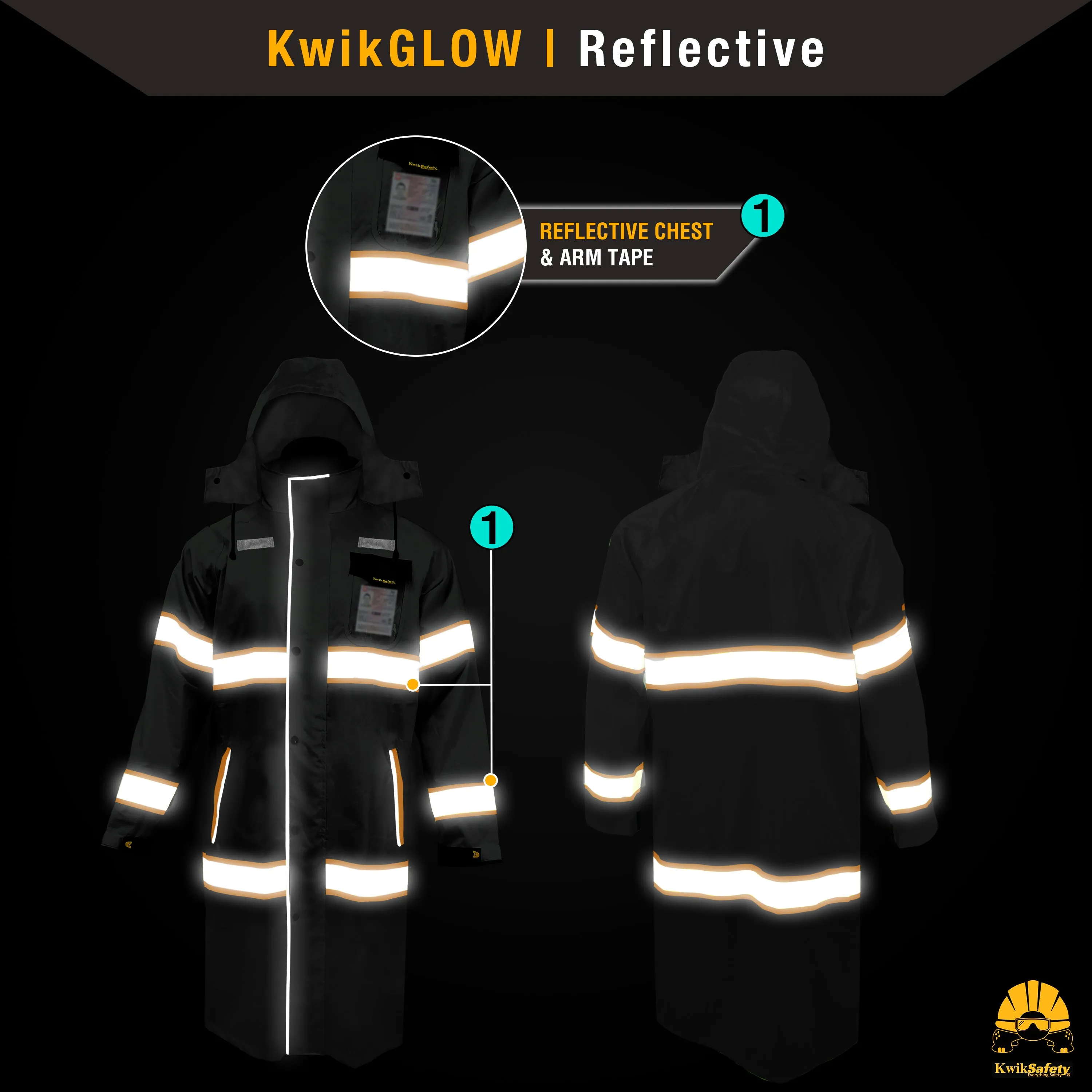 KwikSafety TORRENT High Visibility Rain Gear (FOLDABLE HOOD) Trench Coat Reflective PPE - Model No.: KS5506BLK
