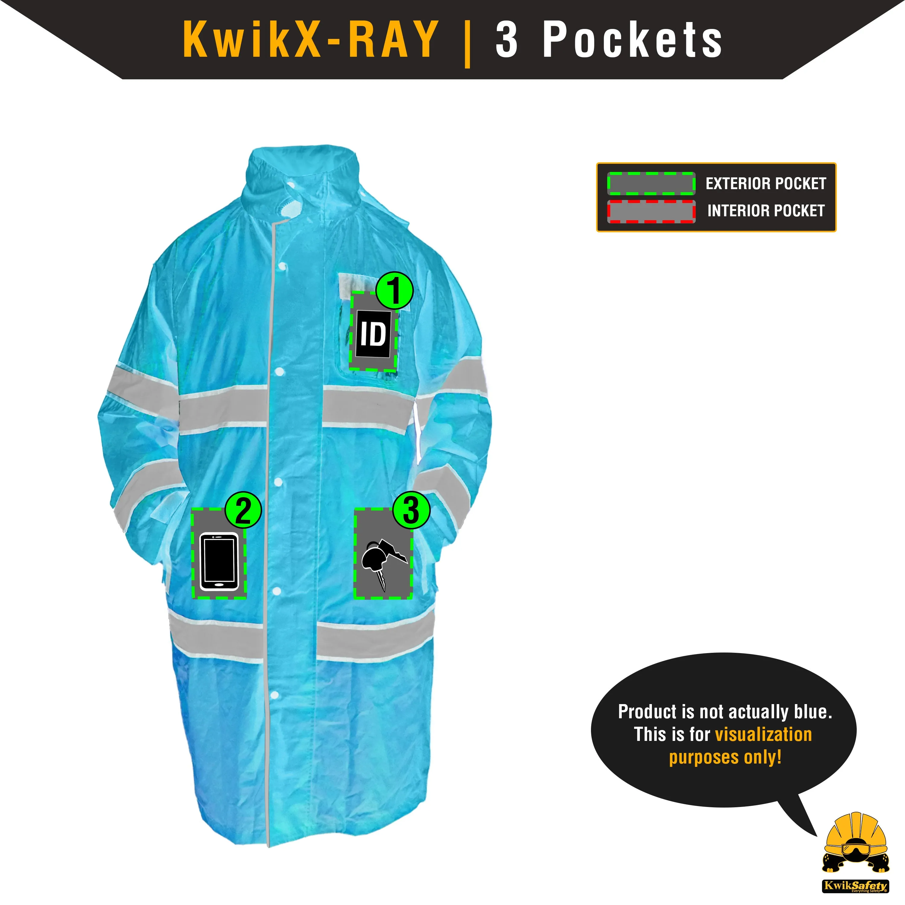 KwikSafety TORRENT High Visibility Rain Gear (FOLDABLE HOOD) Trench Coat Reflective PPE - Model No.: KS5506BLK