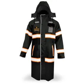 KwikSafety TORRENT High Visibility Rain Gear (FOLDABLE HOOD) Trench Coat Reflective PPE - Model No.: KS5506BLK