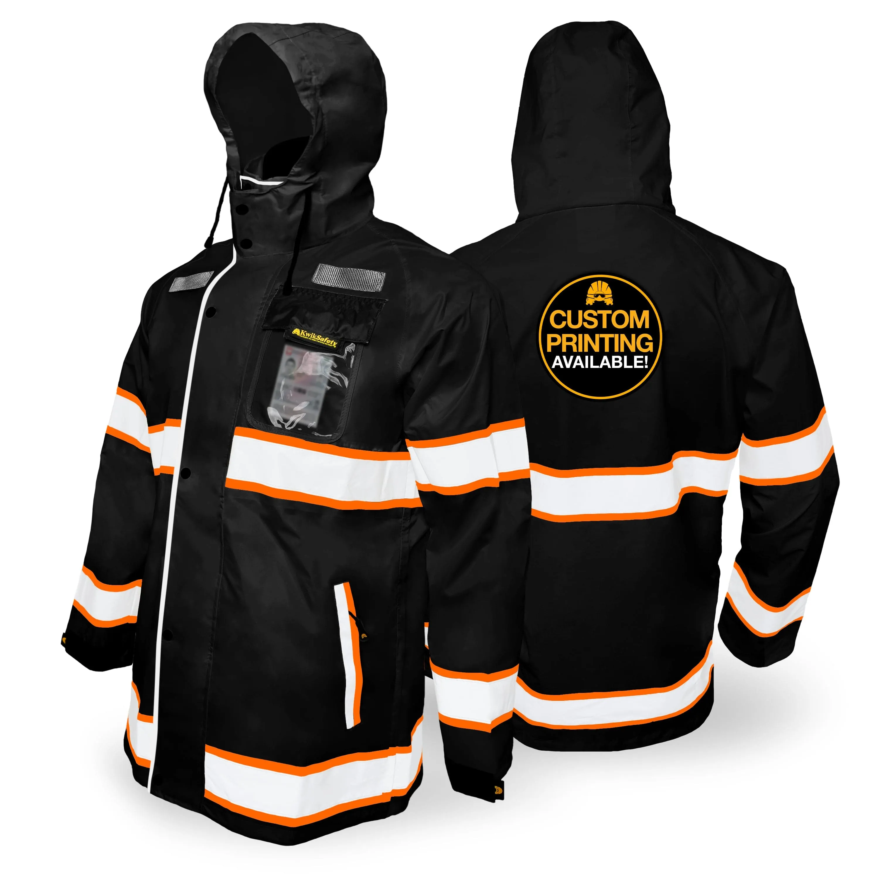 KwikSafety TORRENT Safety Rain Jacket (FOLDABLE HOOD) Hi Vis Coat Reflective PPE - Model No.: KS5516BLK