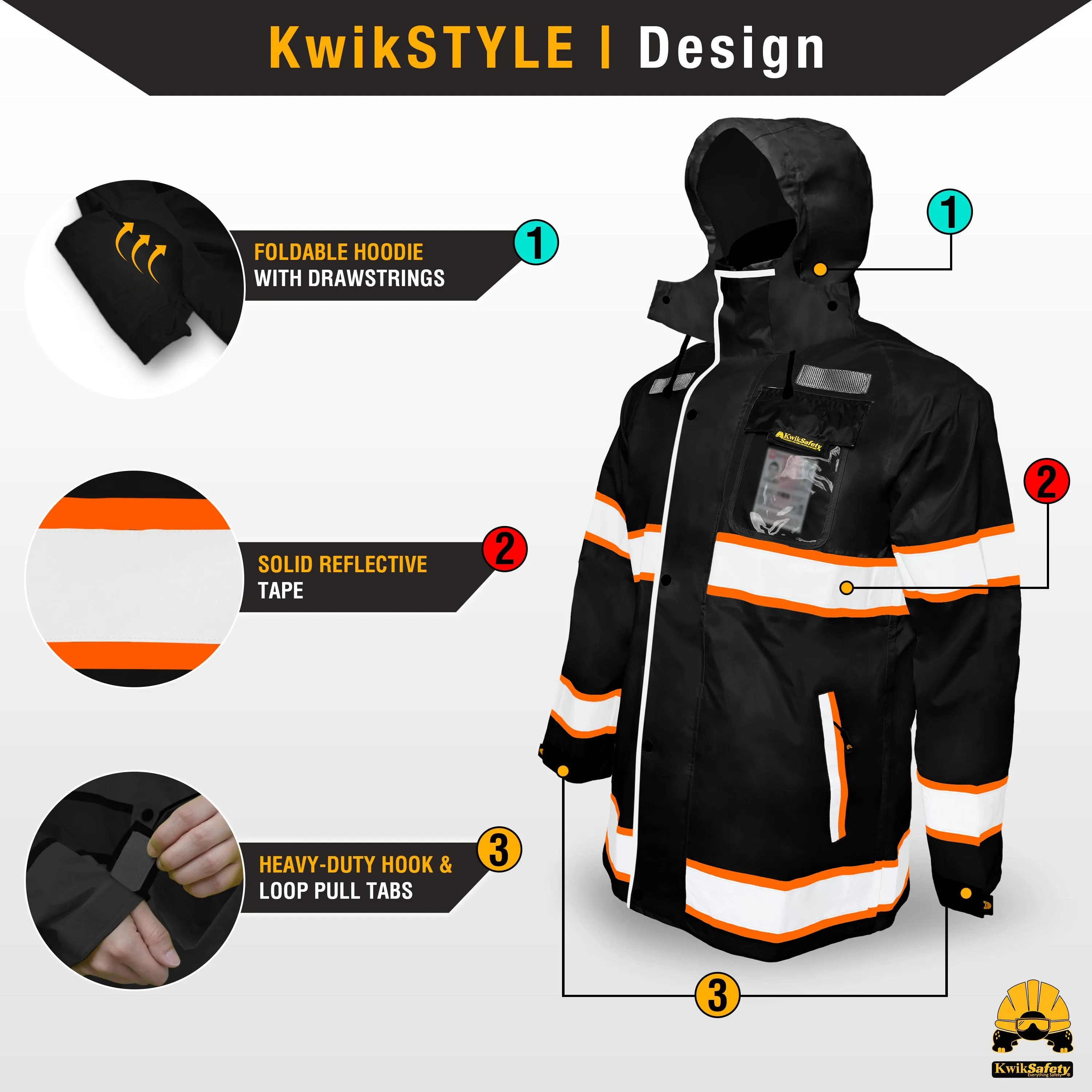 KwikSafety TORRENT Safety Rain Jacket (FOLDABLE HOOD) Hi Vis Coat Reflective PPE - Model No.: KS5516BLK
