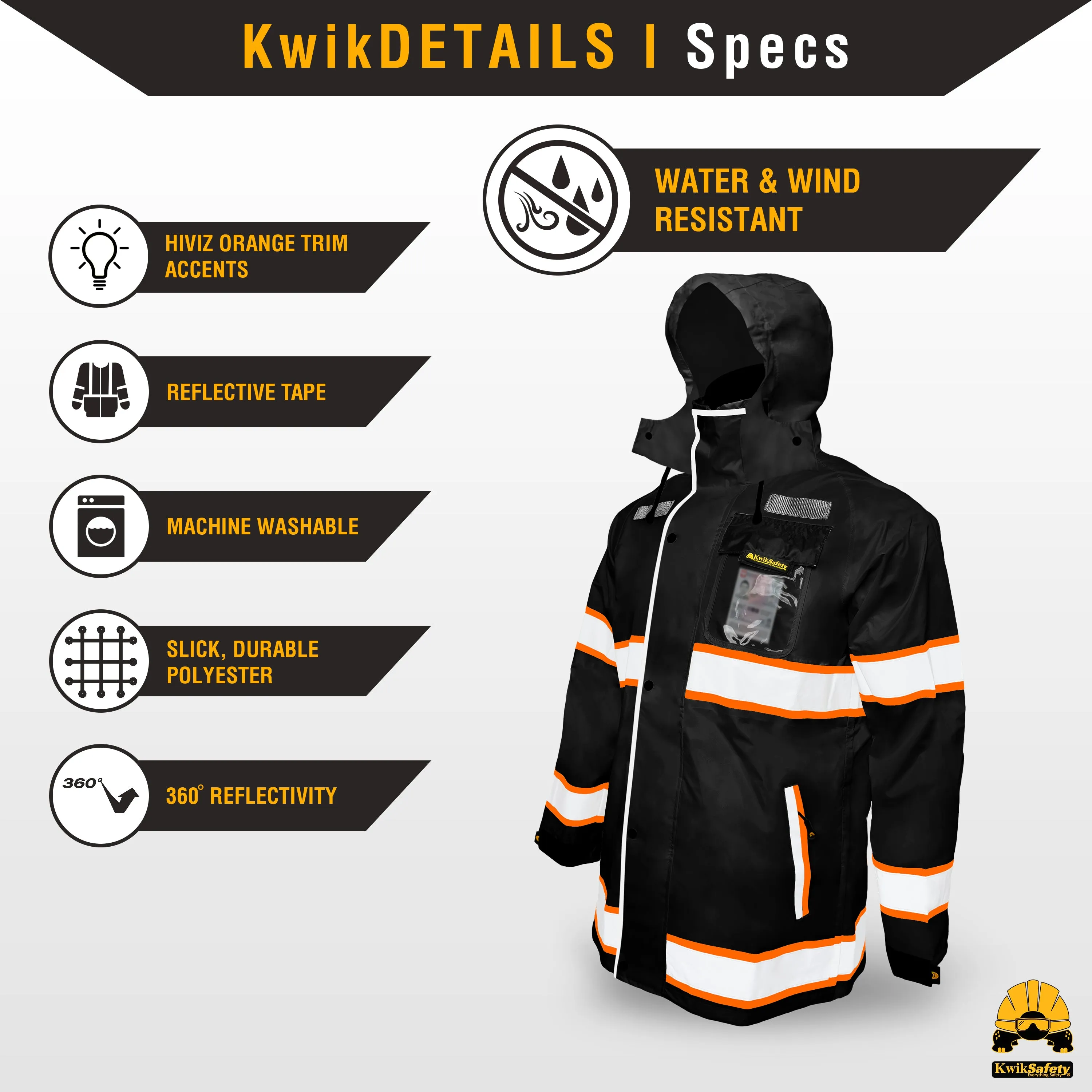 KwikSafety TORRENT Safety Rain Jacket (FOLDABLE HOOD) Hi Vis Coat Reflective PPE - Model No.: KS5516BLK